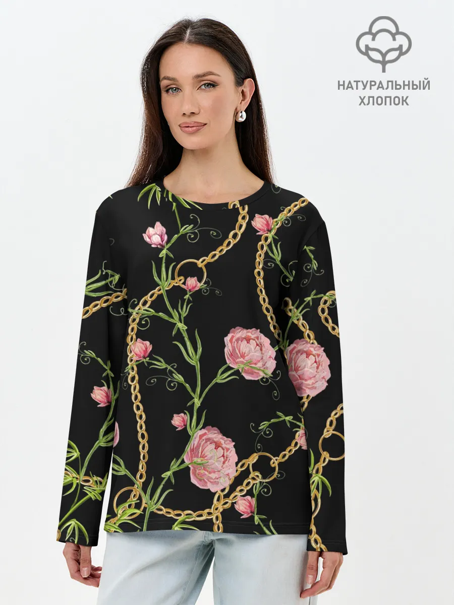 Лонгслив женский. Хлопок / Золотая цепь и розы