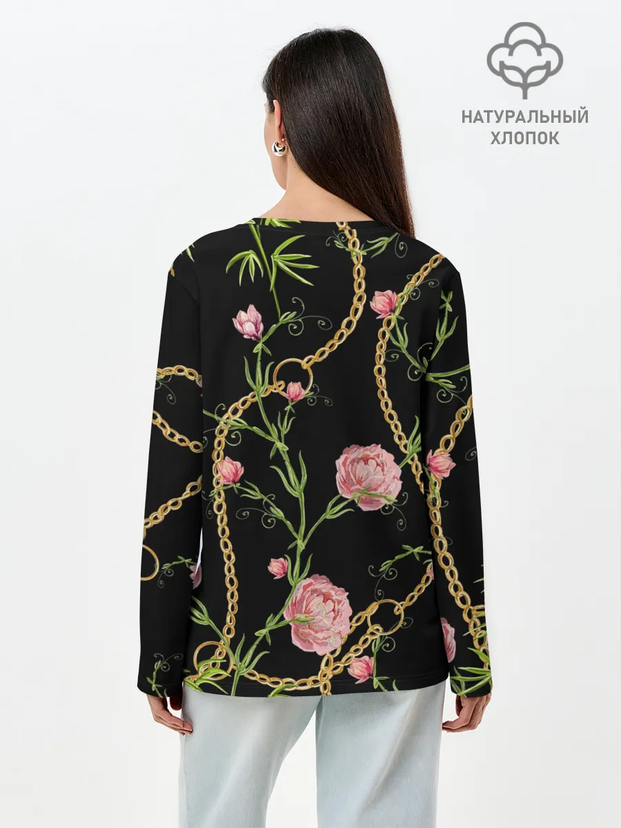 Лонгслив женский. Хлопок / Золотая цепь и розы