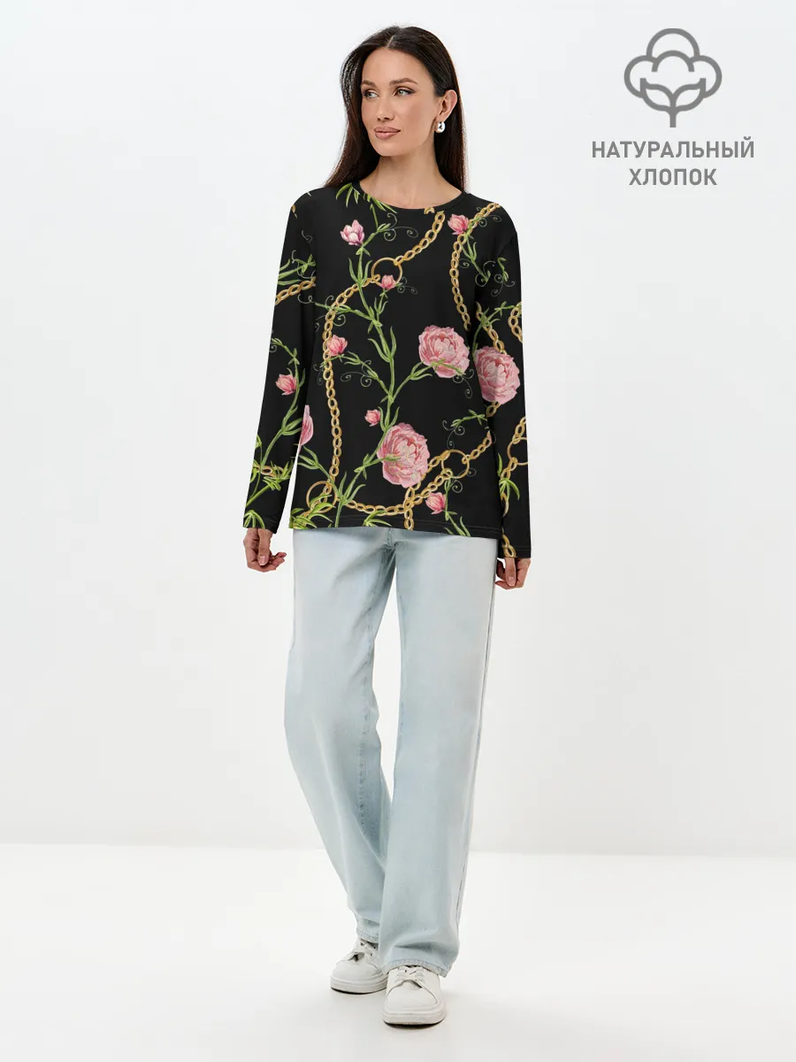Лонгслив женский. Хлопок / Золотая цепь и розы