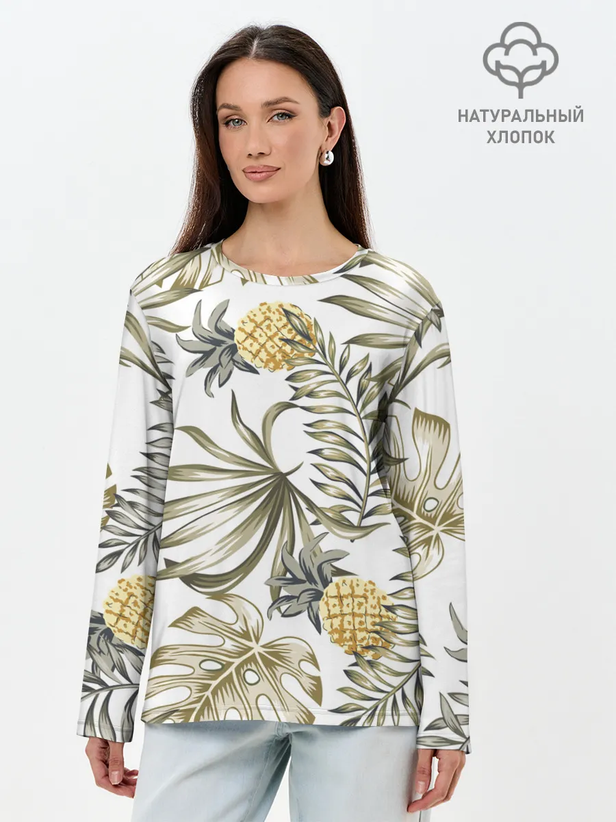 Лонгслив женский. Хлопок / Тропики хаки