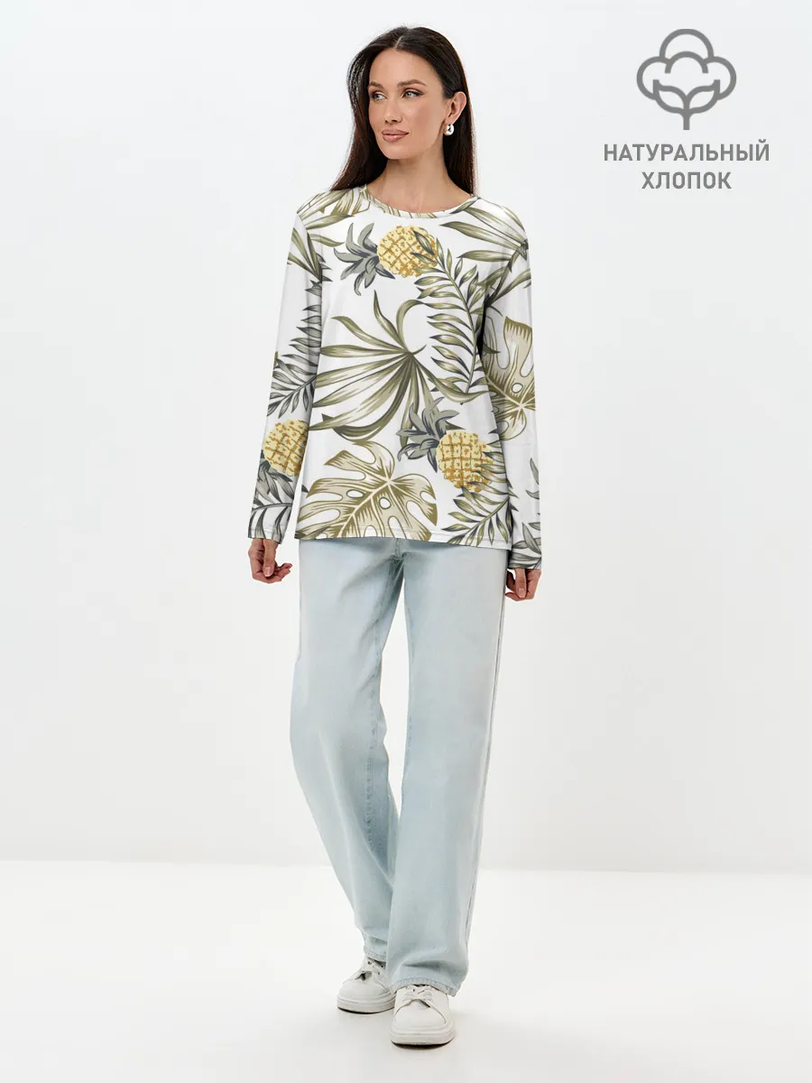 Лонгслив женский. Хлопок / Тропики хаки