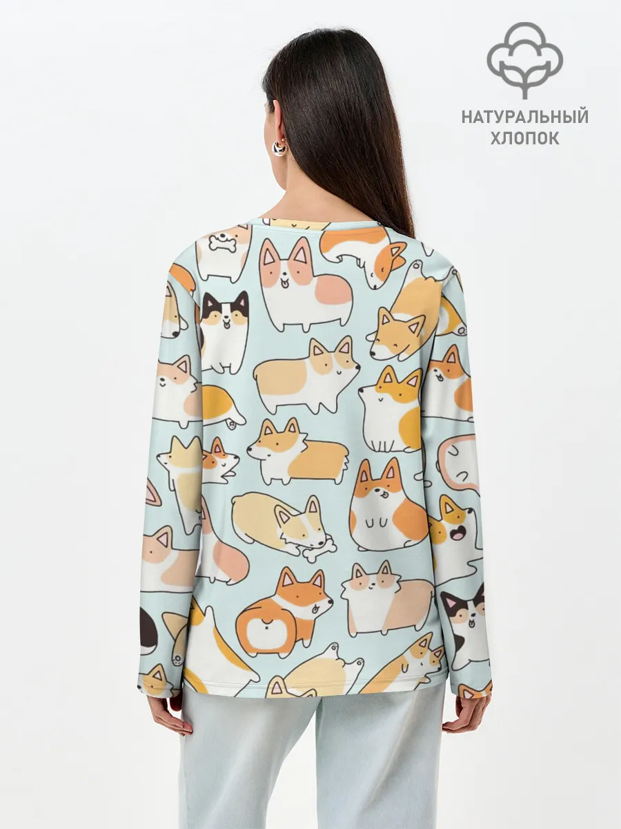 Лонгслив женский. Хлопок / Милые корги