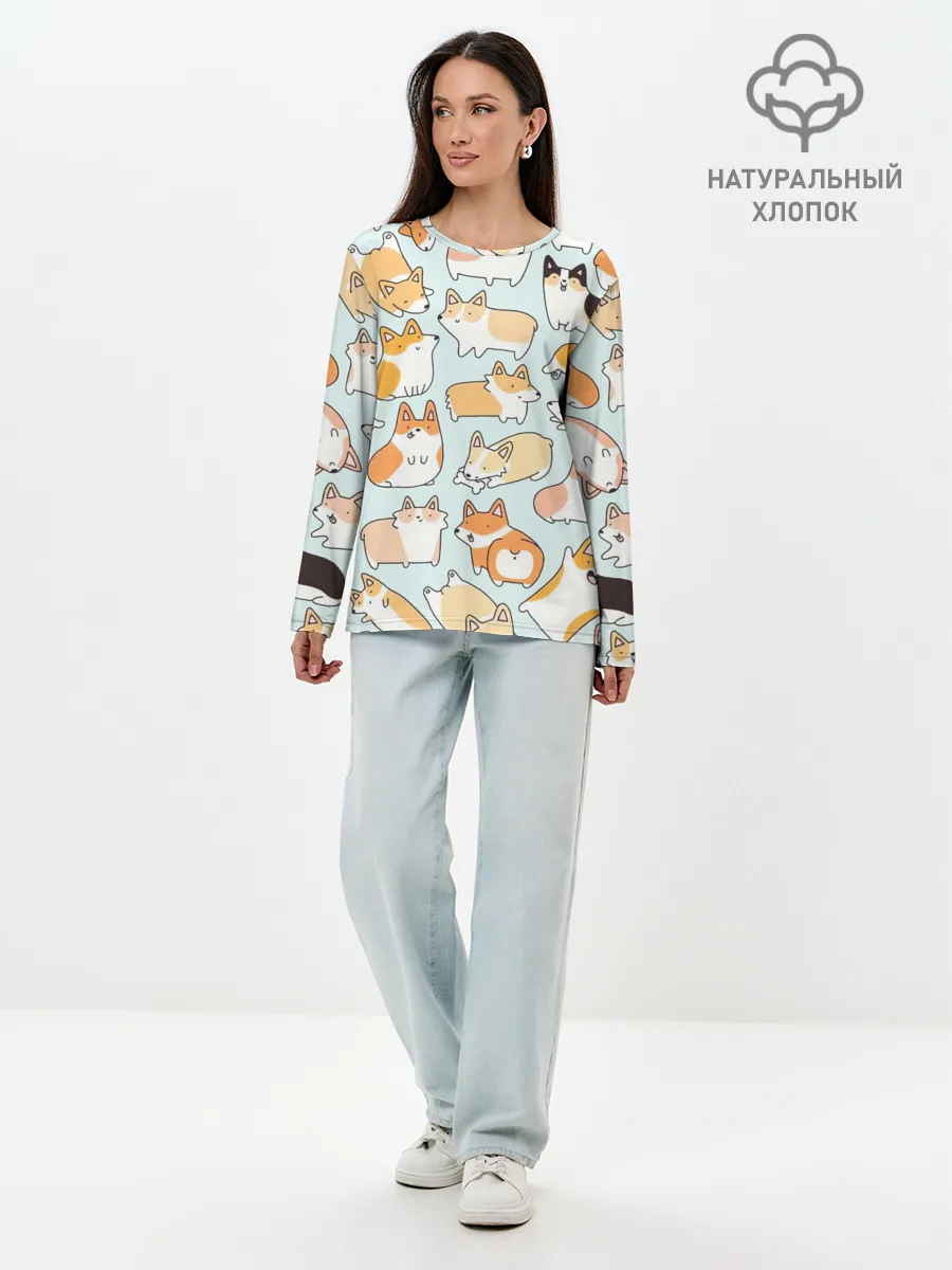 Лонгслив женский. Хлопок / Милые корги