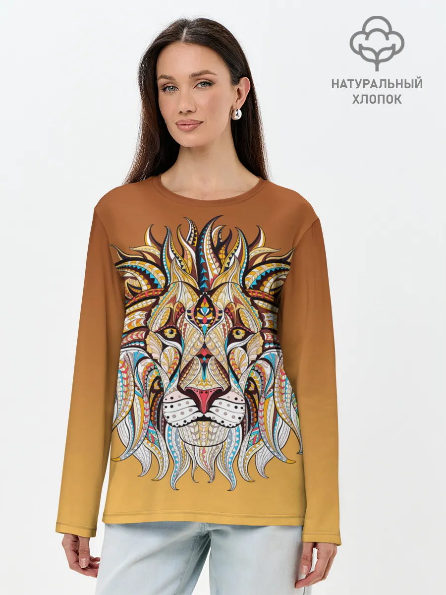 Лонгслив женский. Хлопок / Стилизованный арт ЛЕВ морда