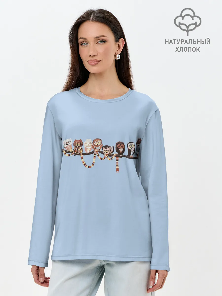 Лонгслив женский. Хлопок / Совы на ветке