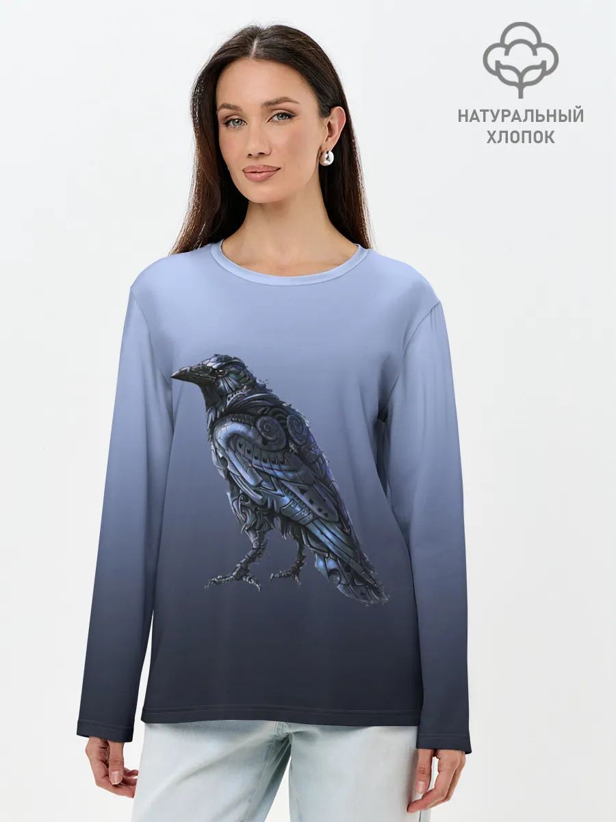 Лонгслив женский. Хлопок / футуристический ворон