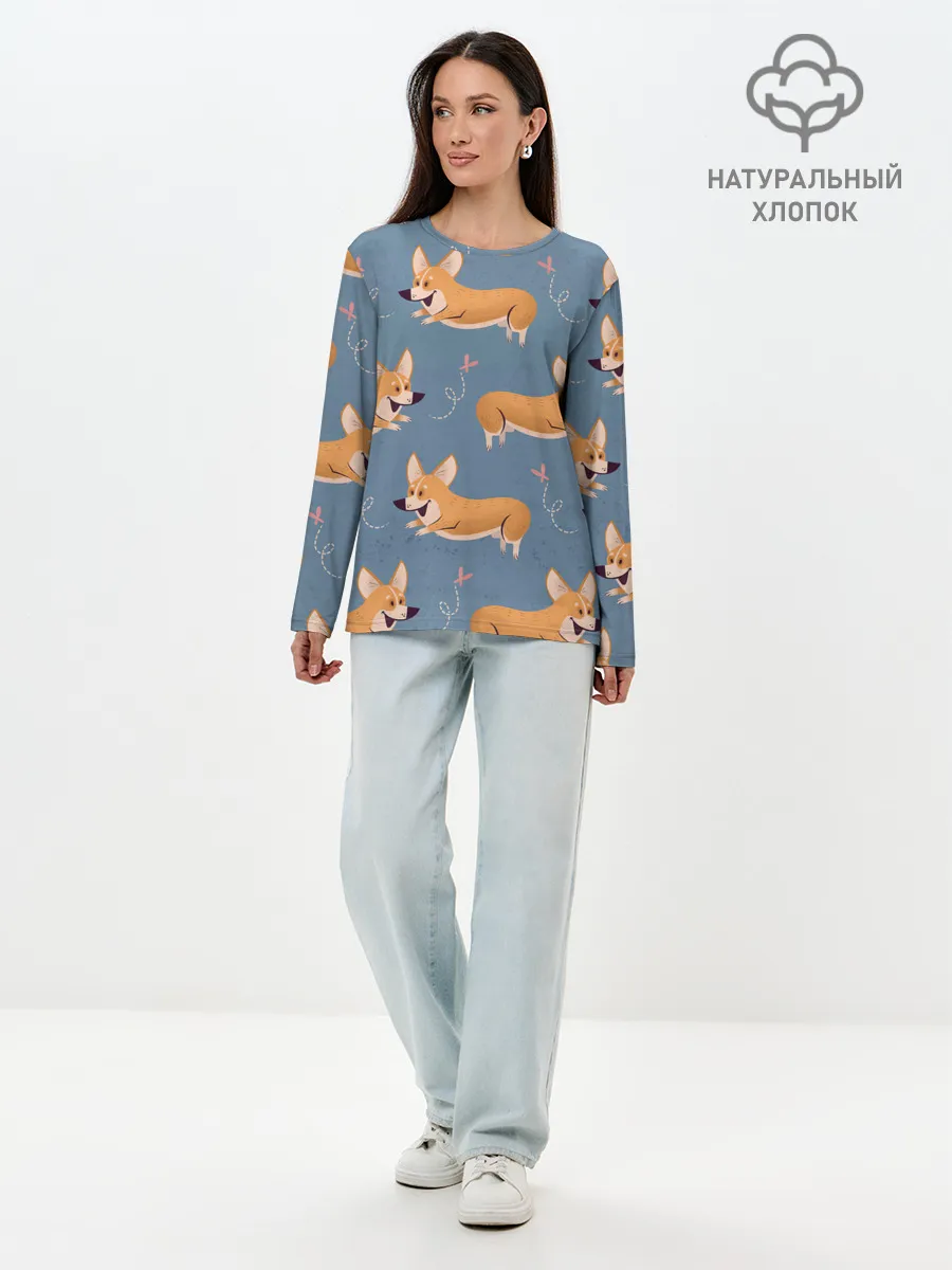 Лонгслив женский. Хлопок / Корги с бабочкой