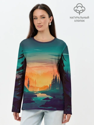 Лонгслив женский. Хлопок / Закат Лес