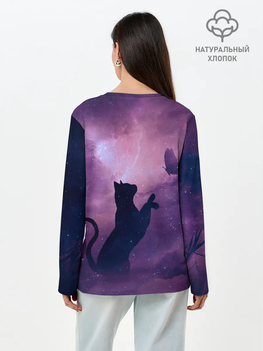 Лонгслив женский. Хлопок / Бабочка кот силуэт фиолетовый