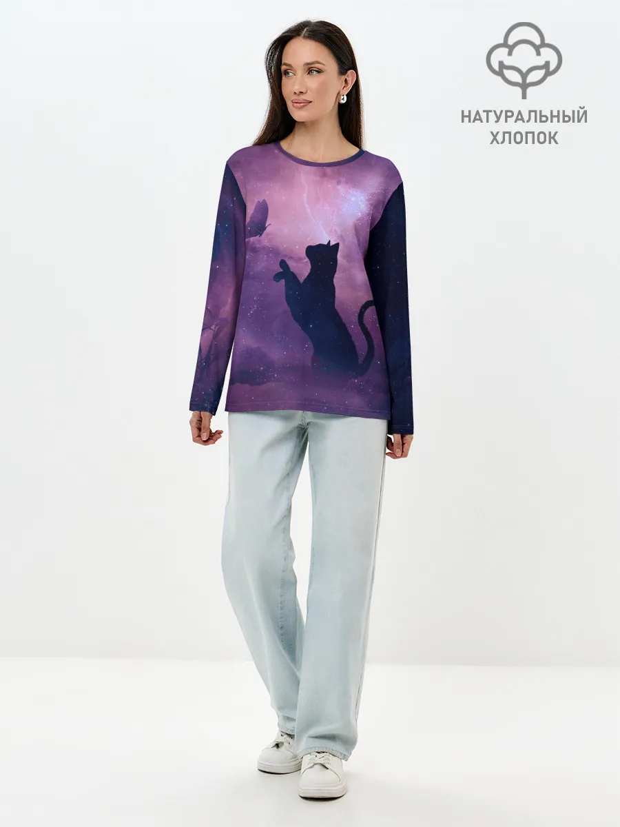 Лонгслив женский. Хлопок / Бабочка кот силуэт фиолетовый