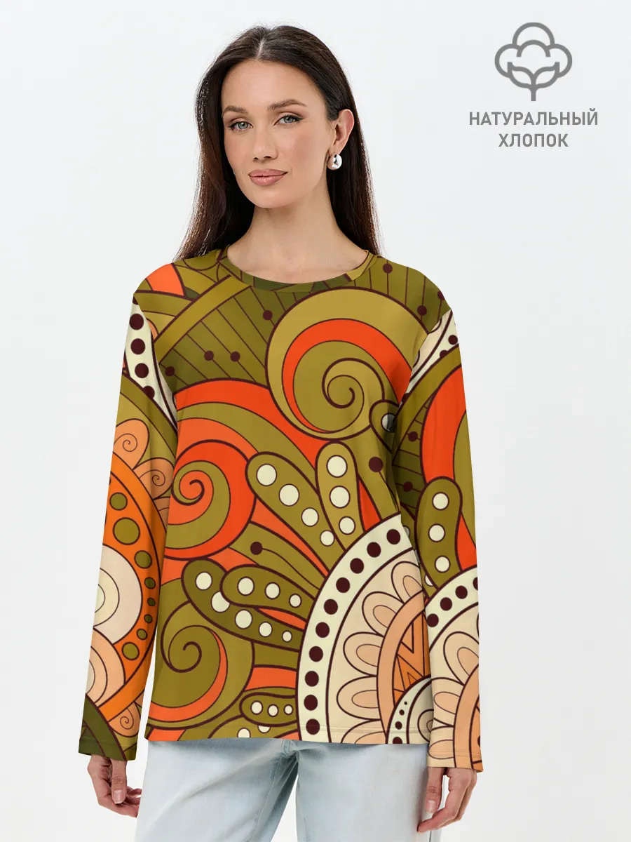 Лонгслив женский. Хлопок / Детский оранжево-болотный