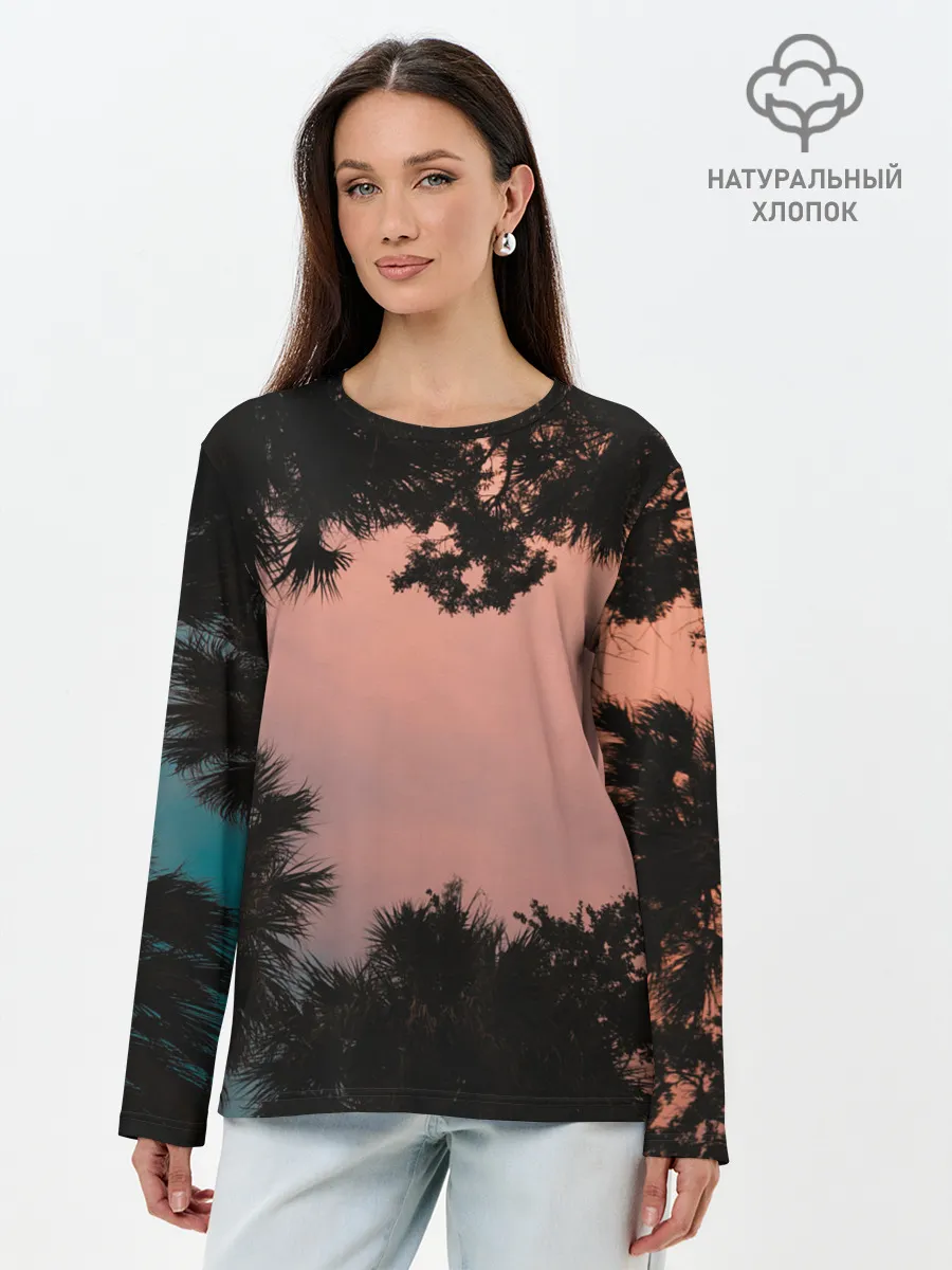 Лонгслив женский. Хлопок / Пальмы вид снизу закат