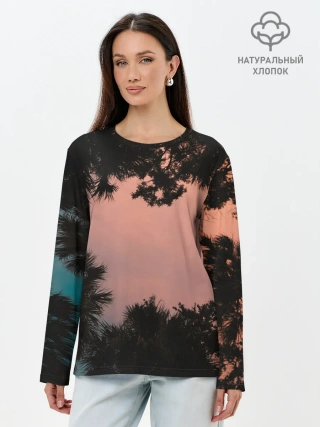 Лонгслив женский. Хлопок / Пальмы вид снизу закат
