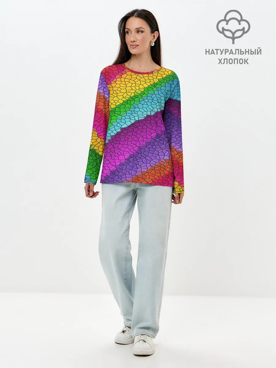 Лонгслив женский. Хлопок / Яркая мозаика радуга диагональ