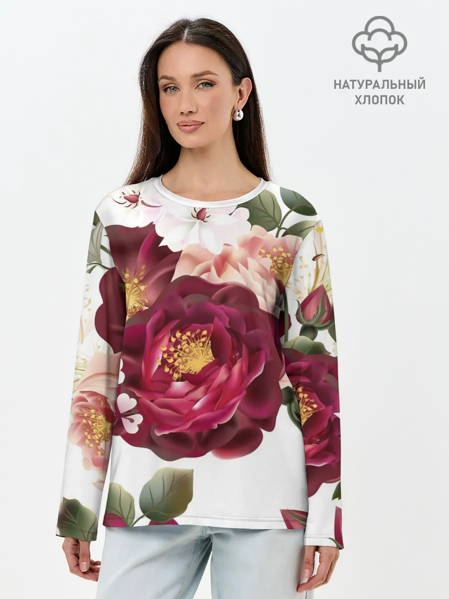 Лонгслив женский. Хлопок / Розы