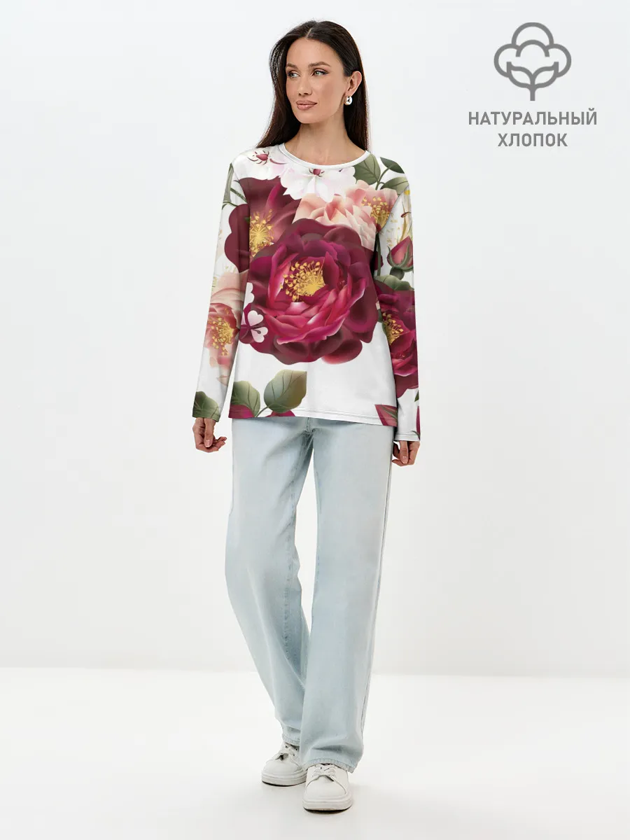 Лонгслив женский. Хлопок / Розы