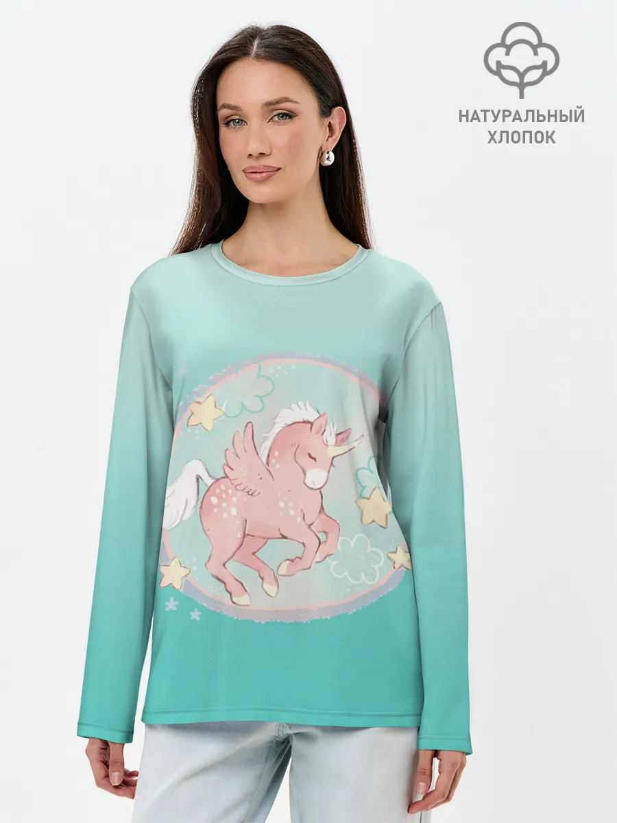 Лонгслив женский. Хлопок / розовый единорог в небесах