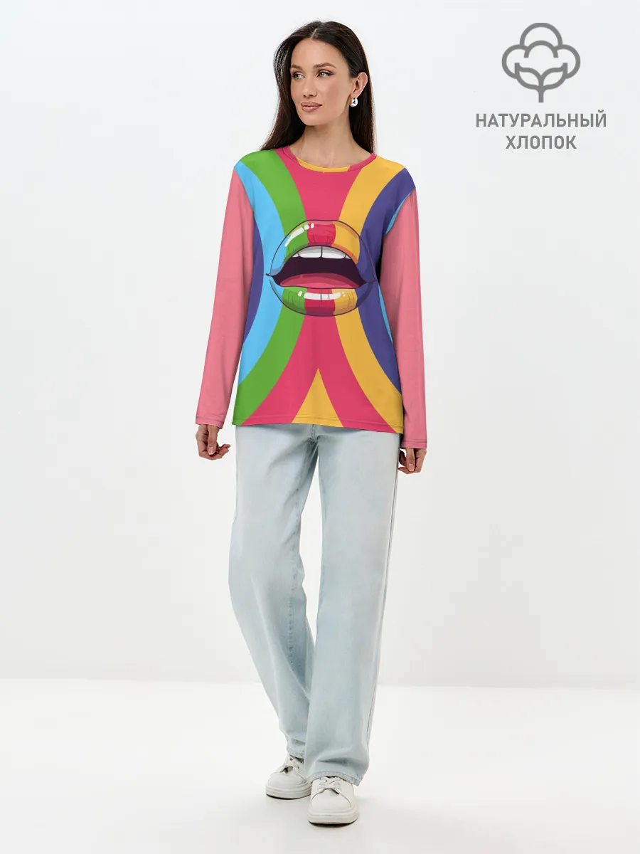 Лонгслив женский. Хлопок / Радужные губы | Rainbow lips