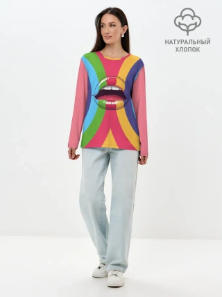 Лонгслив женский. Хлопок / Радужные губы | Rainbow lips