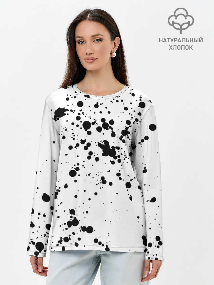Лонгслив женский. Хлопок / Далматинец - брызги чёрными пятнами