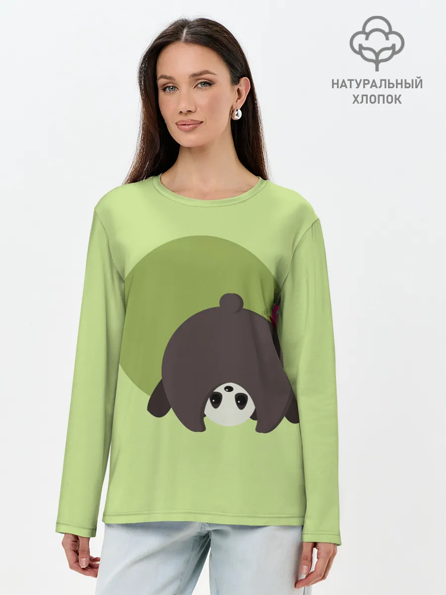 Лонгслив женский. Хлопок / Прикольная панда с бабочкой