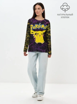 Лонгслив женский. Хлопок / Цветные молнии Пикачу
