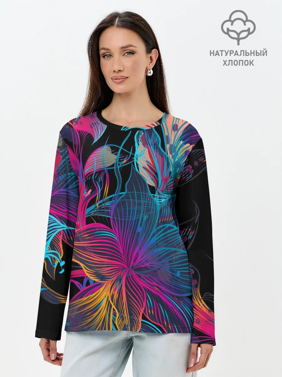 Лонгслив женский. Хлопок / Flowers | Неон