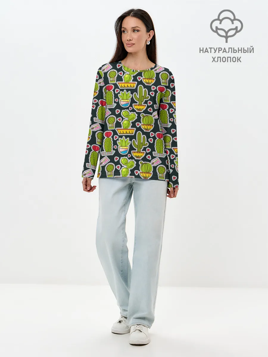 Лонгслив женский. Хлопок / Кактусы