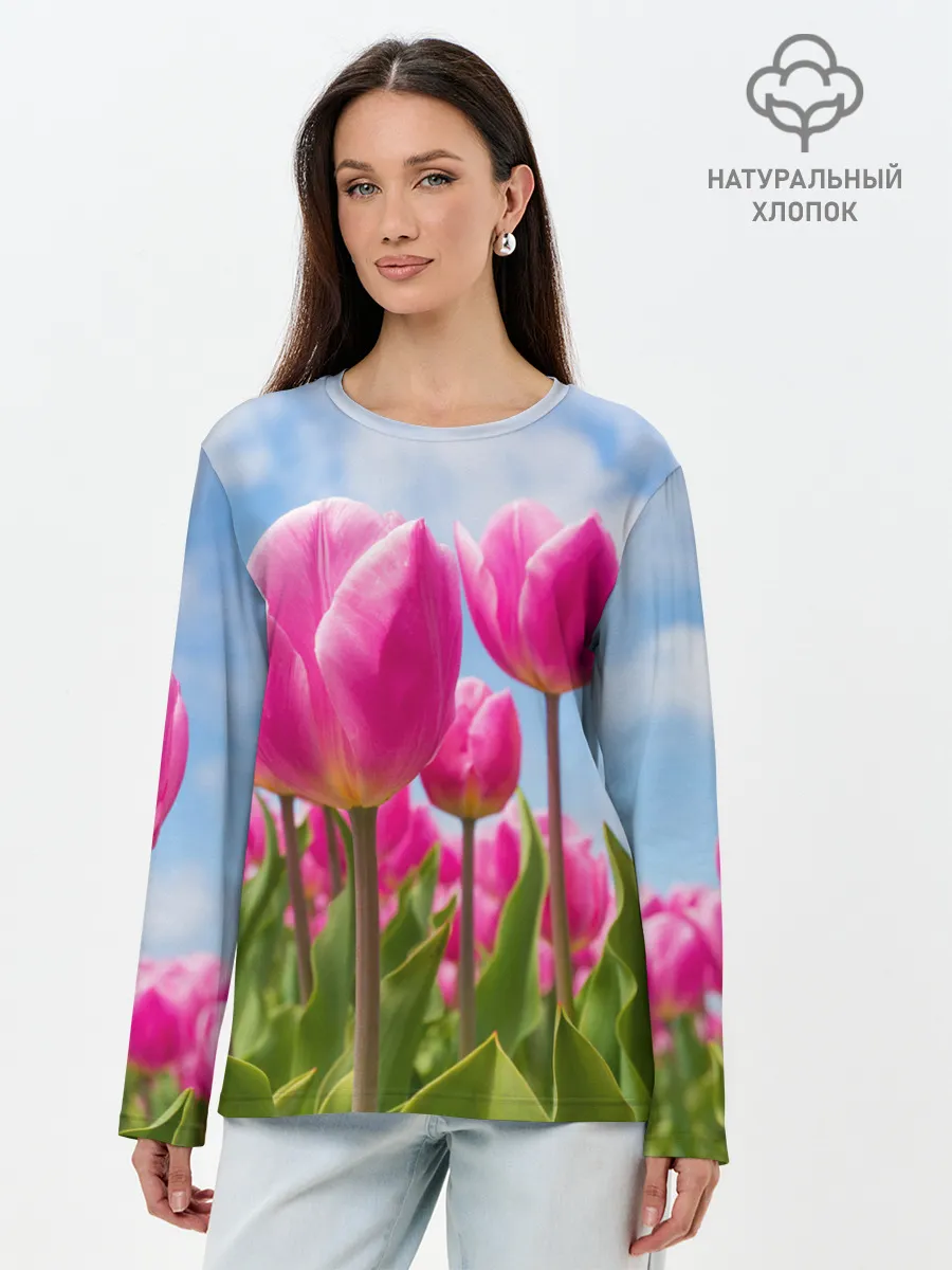 Лонгслив женский. Хлопок / Розовые тюльпаны