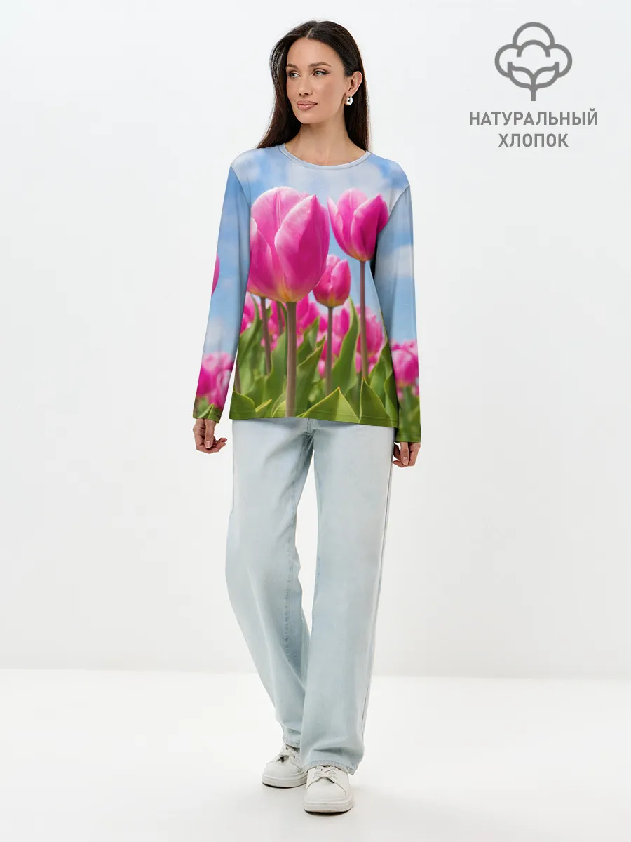 Лонгслив женский. Хлопок / Розовые тюльпаны