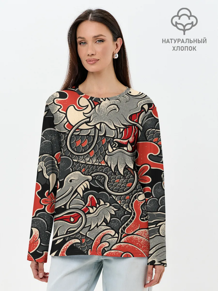 Лонгслив женский. Хлопок / Dsquared tatoo DRAGON