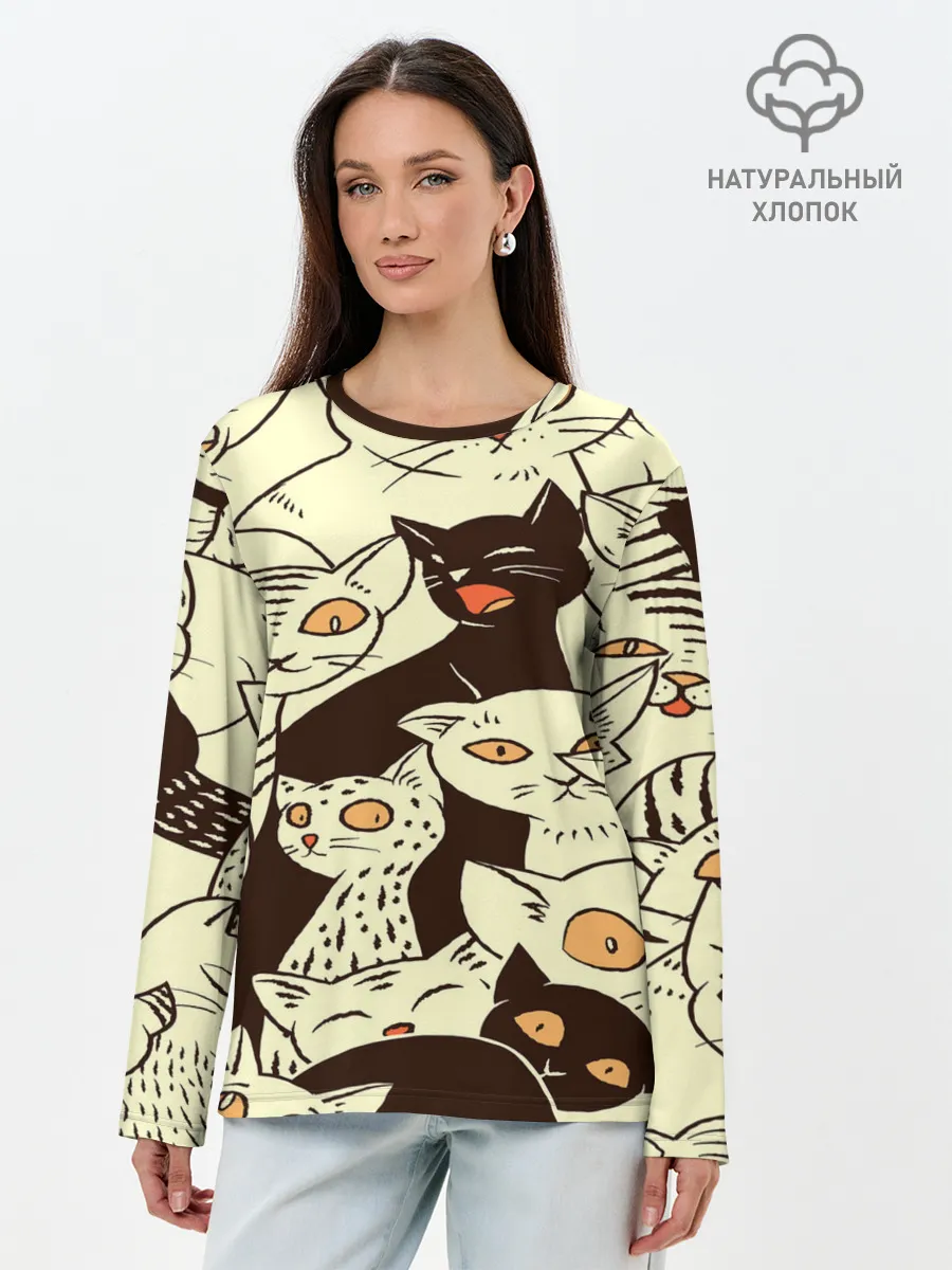 Лонгслив женский. Хлопок / КОТЯТА ПАТТЕРН
