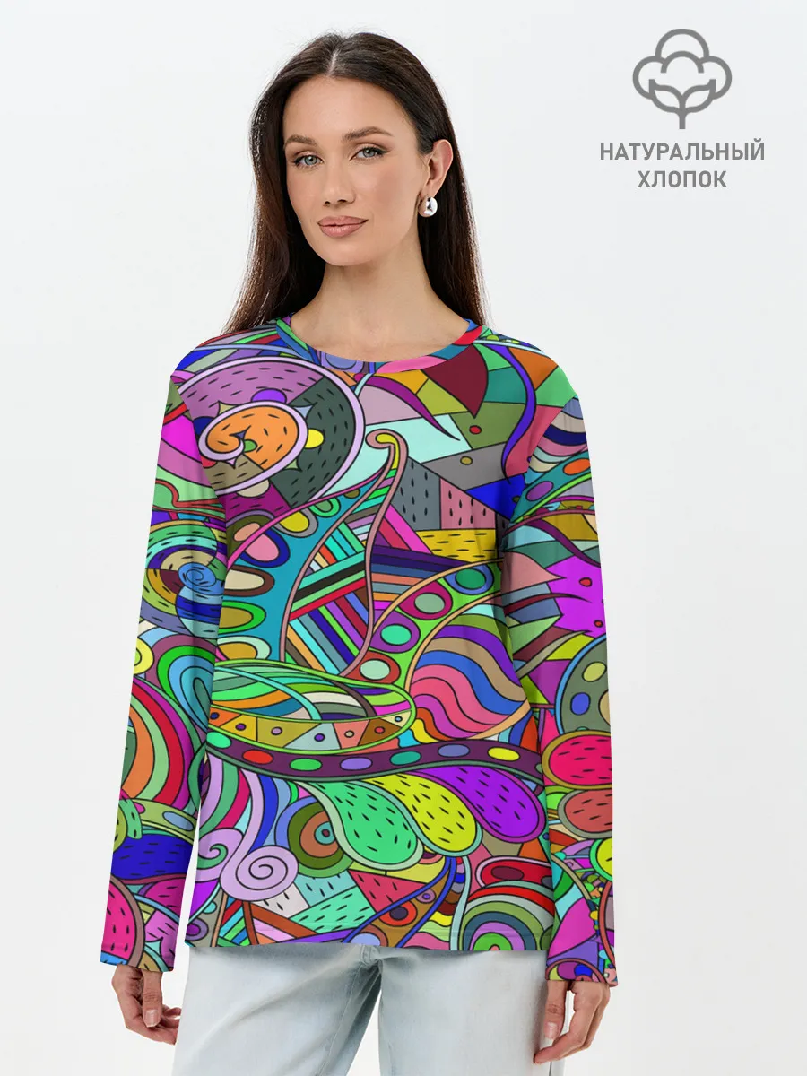 Лонгслив женский. Хлопок / Дудлы узор разноцветный хиппи