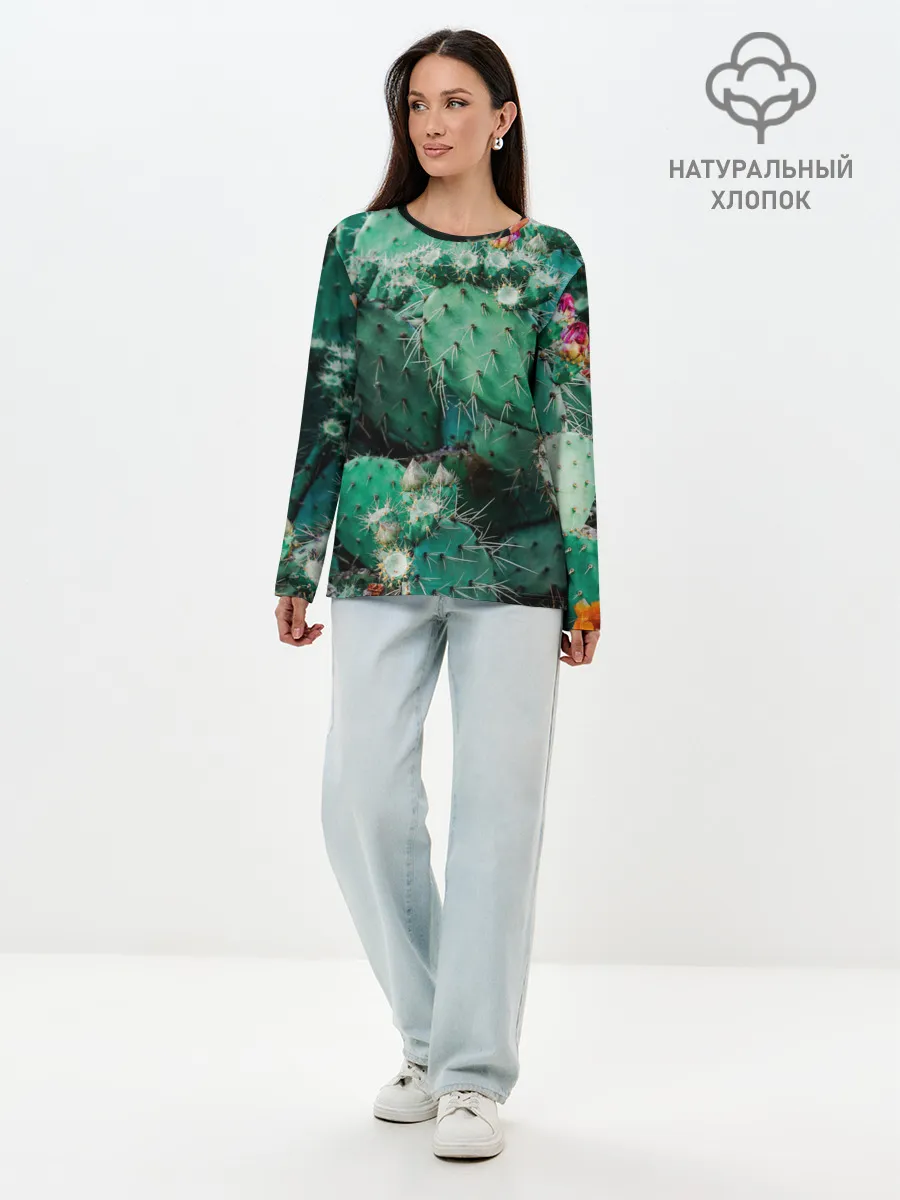 Лонгслив женский. Хлопок / кактусы с цветами реализм