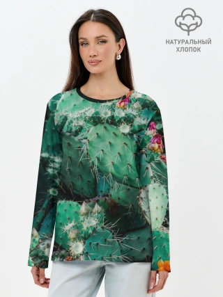 Лонгслив женский. Хлопок / кактусы с цветами реализм