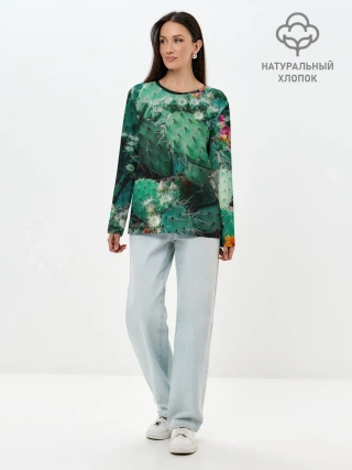 Лонгслив женский. Хлопок / кактусы с цветами реализм