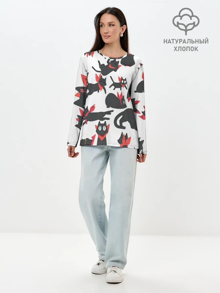 Лонгслив женский. Хлопок / Черный котик