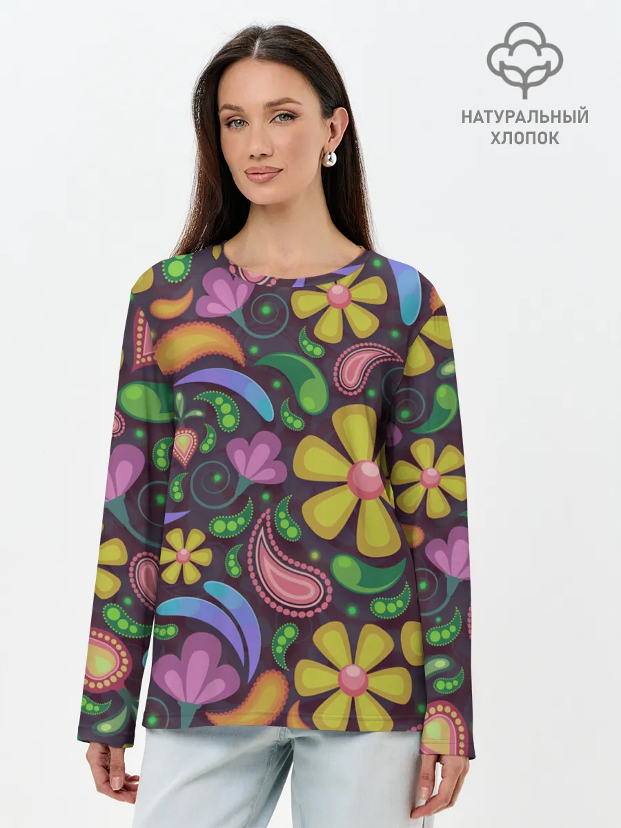 Лонгслив женский. Хлопок / летние цветы узор на темном