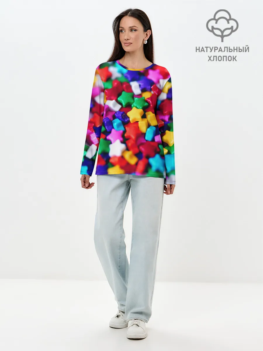 Лонгслив женский. Хлопок / Разноцветные звездочки звезды