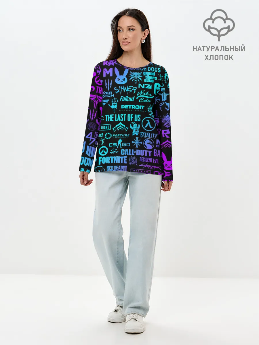 Лонгслив женский. Хлопок / ЛОГОТИПЫ ИГР НЕОН / NEON GAMES LOGO
