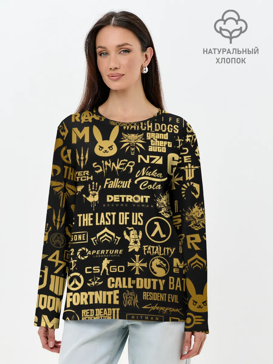 Лонгслив женский. Хлопок / ЛОГОТИПЫ ИГР ЗОЛОТО | GOLDEN