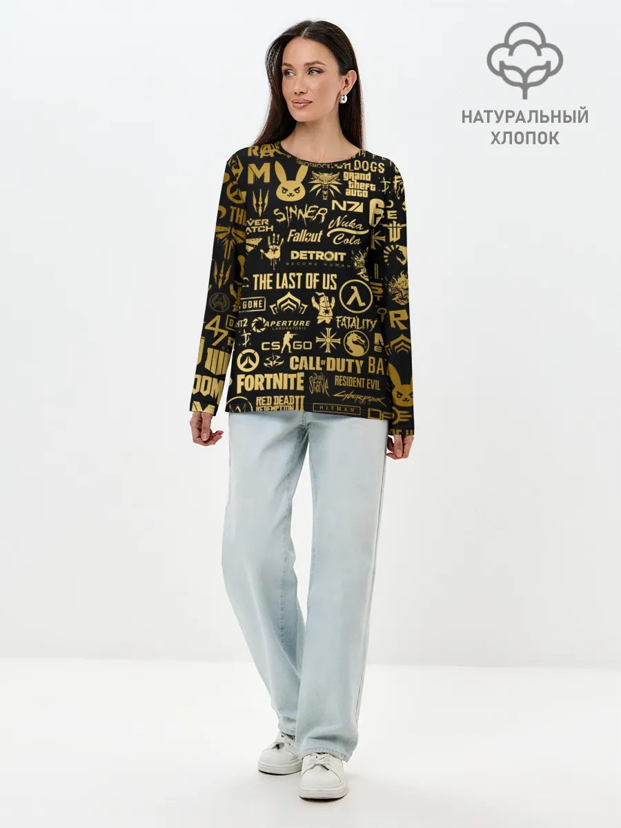 Лонгслив женский. Хлопок / ЛОГОТИПЫ ИГР ЗОЛОТО | GOLDEN