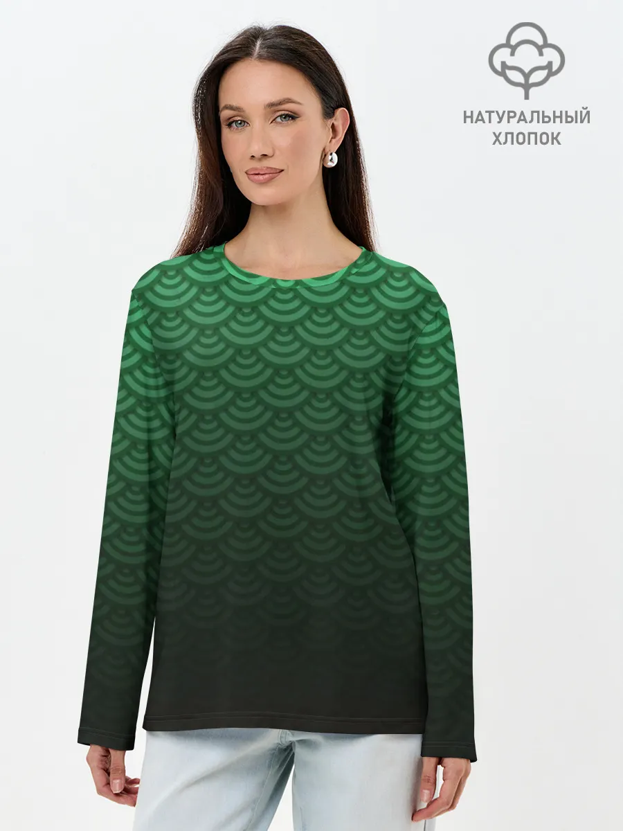 Лонгслив женский. Хлопок / Узор зеленая чешуя дракон