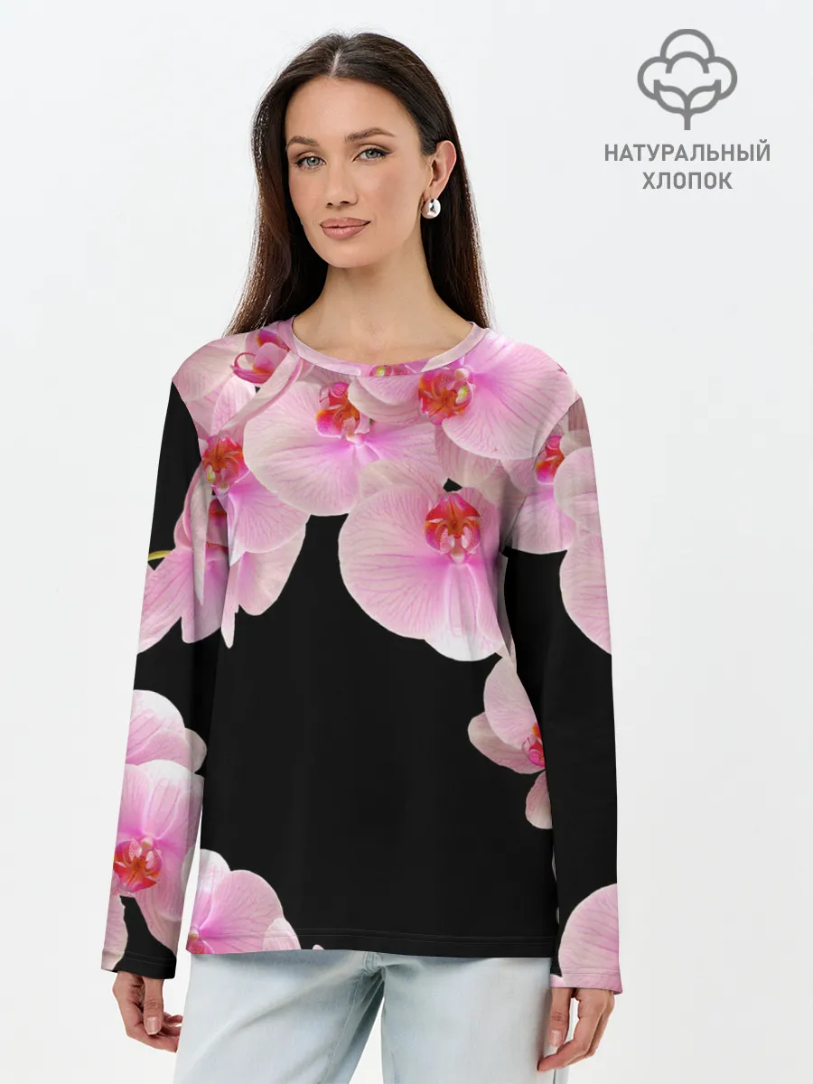 Лонгслив женский. Хлопок / Орхидеи в ночи
