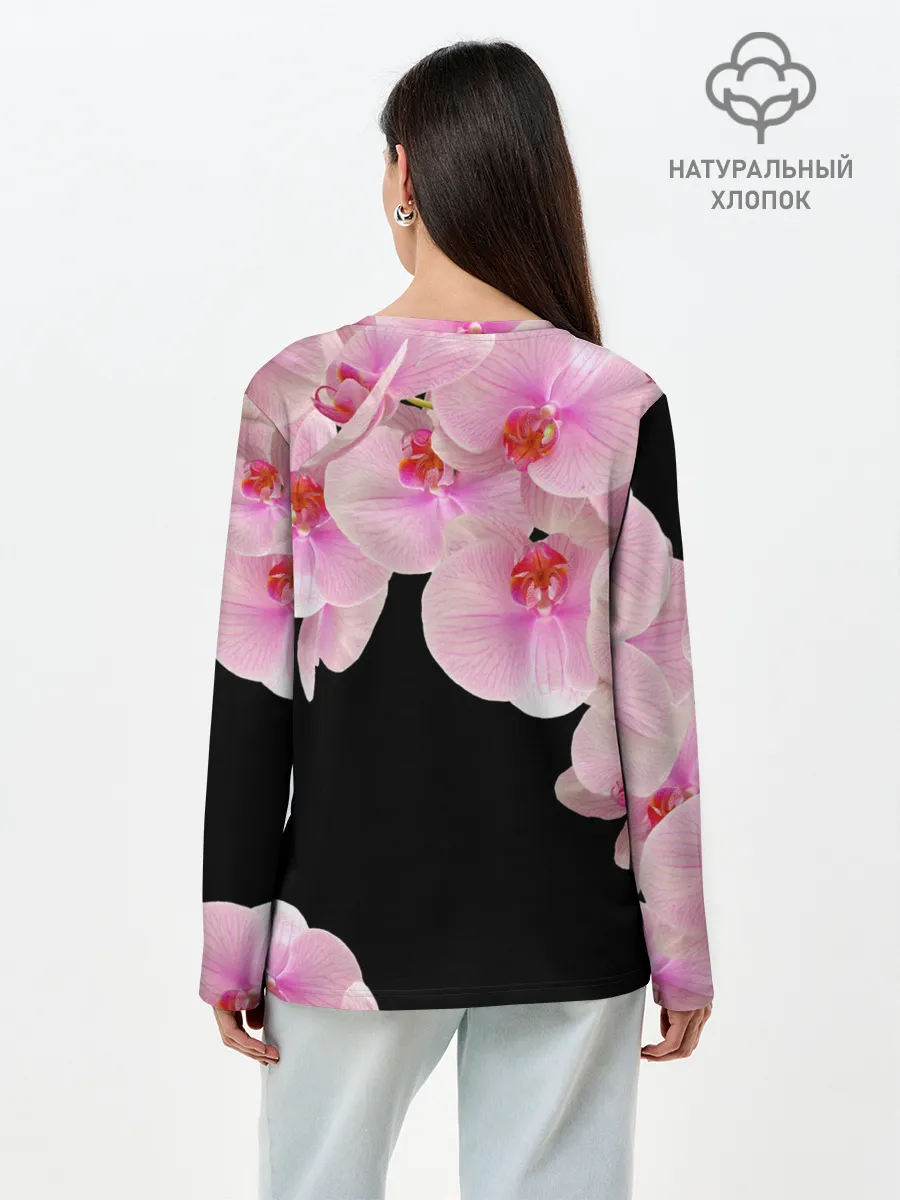 Лонгслив женский. Хлопок / Орхидеи в ночи