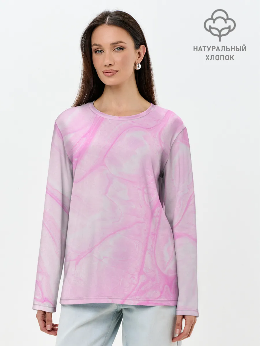 Лонгслив женский. Хлопок / розовые разводы краска зефир