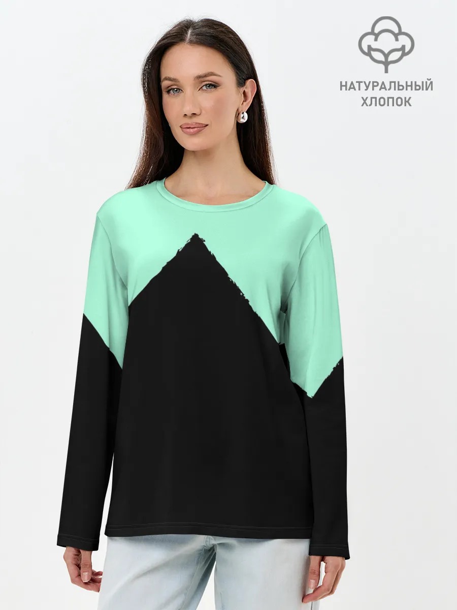 Лонгслив женский. Хлопок / неровные зубья черный мятный