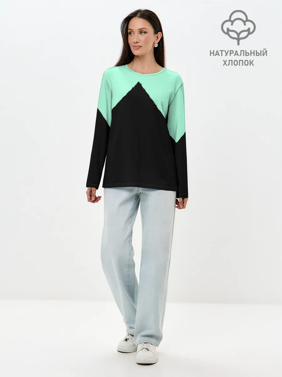 Лонгслив женский. Хлопок / неровные зубья черный мятный