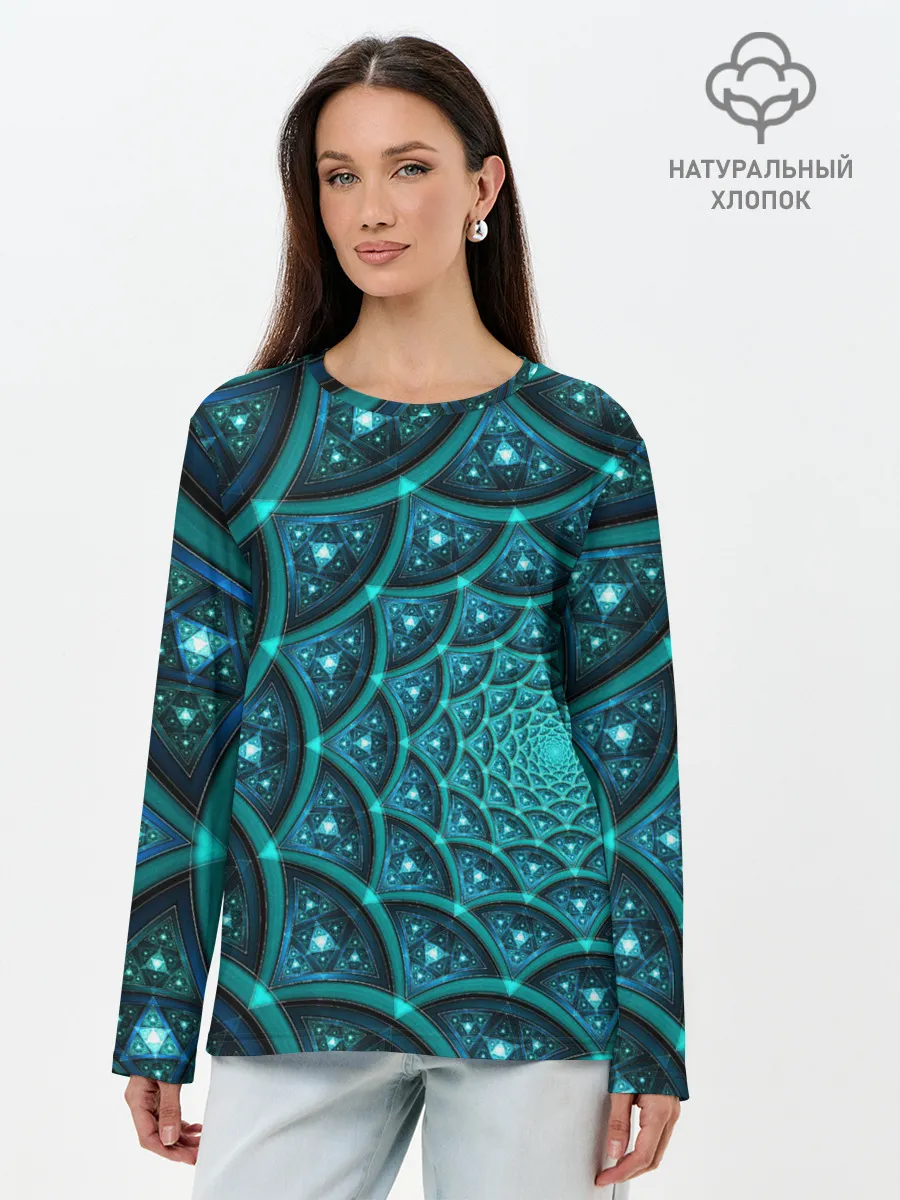 Лонгслив женский. Хлопок / Асимметрия узор круги фигуры