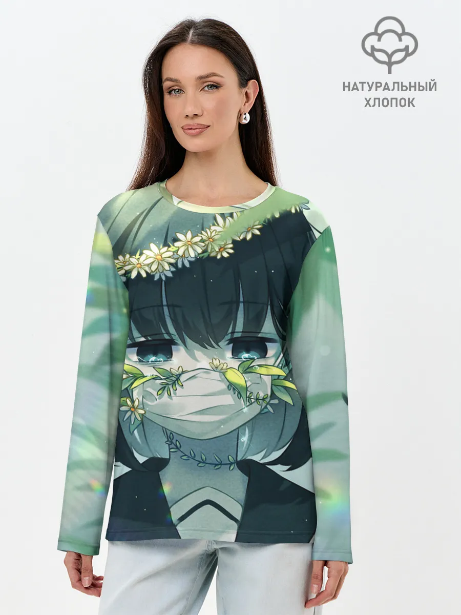 Лонгслив женский. Хлопок / аниме школьница маска цветы